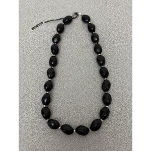 Vintage 18” Black Lucite Beads Costume Jewelry Necklace Silver Beads, Lucite Tag